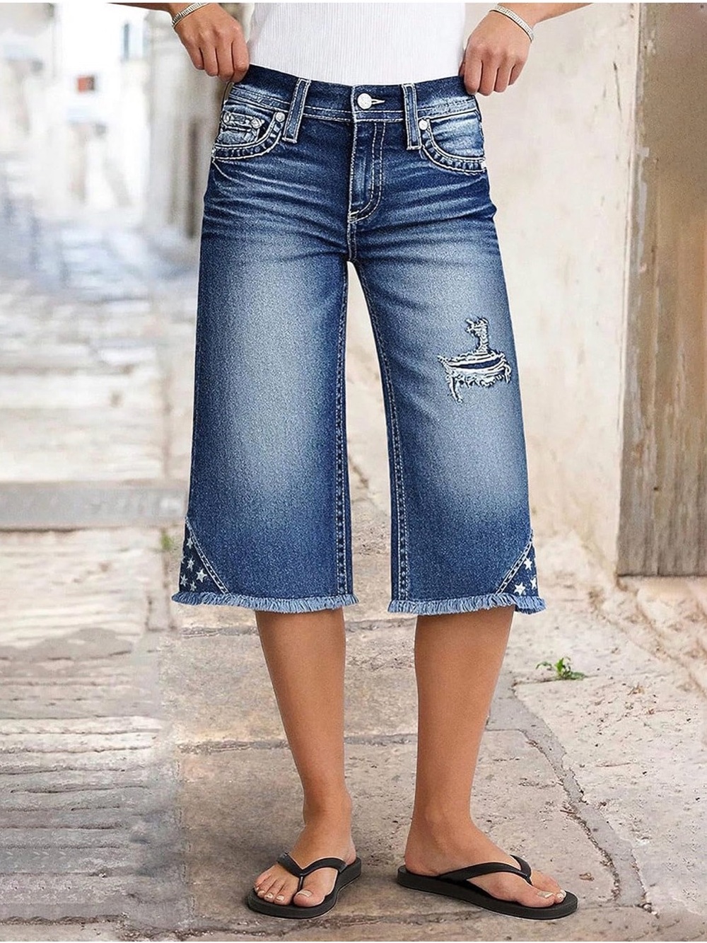 Flamingals Capri Wide Leg High Waist Ripped Trendy Jeans M PS12-4